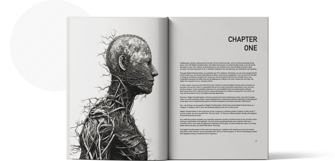 Open book showing Chapter One titled 'Staying Alive in the Age of Digital Darwinism', with an intricate illustration of a human head merging with mechanical elements, symbolizing the integration of technology and human intellect.