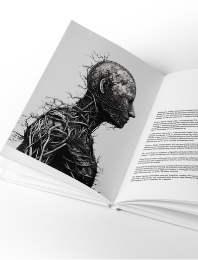 Open book showing Chapter One titled 'Staying Alive in the Age of Digital Darwinism', with an intricate illustration of a human head merging with mechanical elements, symbolizing the integration of technology and human intellect.